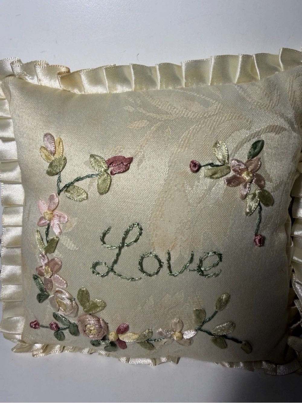 Embroidered "Love" and "Faith" Satin-Trim Accent Pillow Pair - Cream - Picture 6 of 12